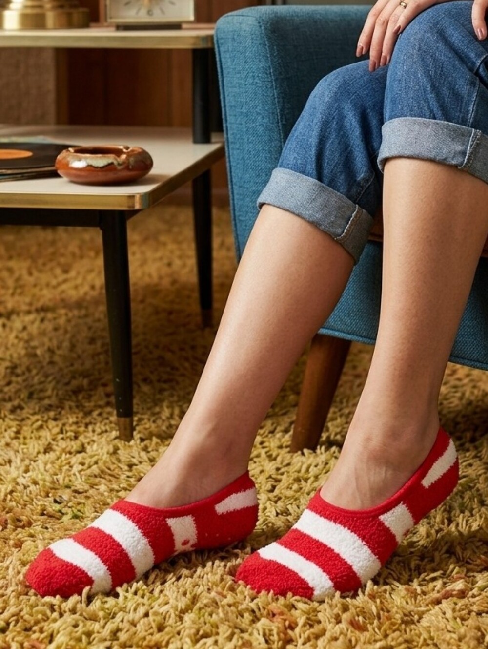 MIXIT Cozy Liner No-Show Socks - Red & White Stripe